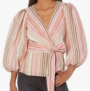 Parker Small Aruba Striped Faux Wrap Toe Waist Balloon Sleeve Blouse